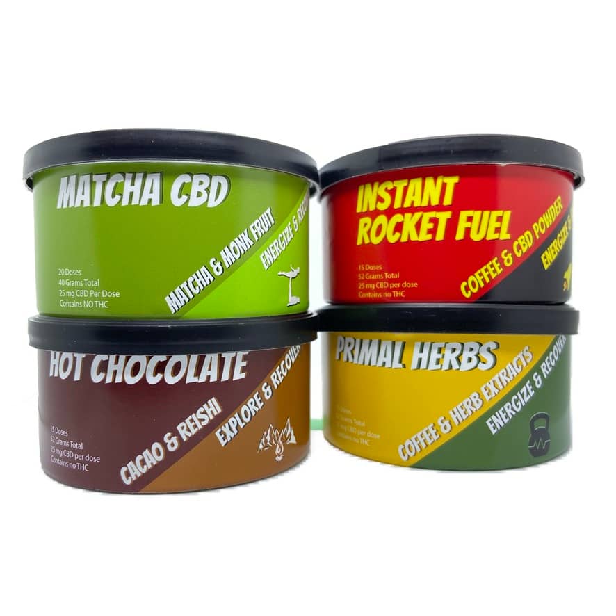 Rise and grind CBD tin cans that contain cbd matcha, cbd, coffee, cbd primal herbs and cbd hot chocolate